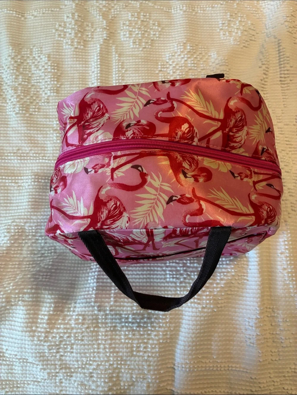 Pink Flamingo Print Cosmetic Case, Lunch Bag with Top Handles